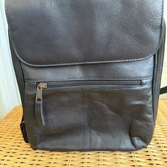 Clava Black Leather Backpack Medium Adjustable Straps Front Zip Pocket Durable D - Picture 2 of 11